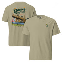 Khaki Queensboro Bridge Golf Tee featuring the QCC bridge golf graphic, front-and-back product mockup
