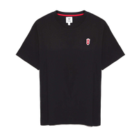 Black QCC crewneck T-shirt featuring red crown Q logo patch on chest and red piping inside the collar | Queens Country Club
