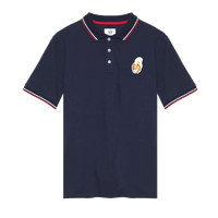 Navy men’s polo shirt featuring embroidered squirrel holding golf ball on left chest | Queens Country Club