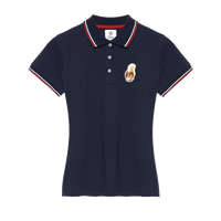 white women’s polo shirt with squirrel mascot embroidery and contrast collar trim | Queens Country Club