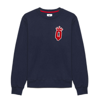 crewneck sweatshirt with red chenille "Q" and crown patch on the left chest, representing Queens Country Club.