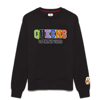 crewneck sweatshirt with multicolor terry chenille “QUEENS” lettering, “Country Club” embroidery, and a squirrel patch on the sleeve. | Queens Country Club