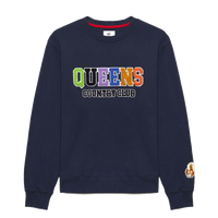 A navy blue sweatshirt with the text 'QUEENS' written across the front in multicolored letters, accompanied by a small 'Borough of NYC' text in red…