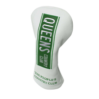White golf driver headcover featuring a vertical green "Queens Country Club" street sign–style patch and embroidered text reading "The People’s Country…