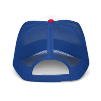 QCC Squirrel Logo Foam trucker hat in White Royal Red — back view | Queens Country Club