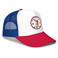 QCC Squirrel Print Foam trucker hat blue red side view | Queens Country Club