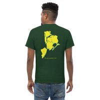 Queens Country Club T-shirt featuring minimalist front text 'Queens Country Club New York' and bold back graphic of NYC borough map with golf flags.…