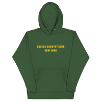 hoodie with green 'Queens Country Club New York' text on front Minimalist NYC golf streetwear inspired by borough pride and classic athletic…