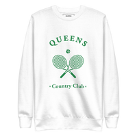 Queens Country Club crewneck sweatshirt with green graphic of crossed tennis rackets and ball. Vintage-inspired NYC tennis streetwear blending classic…