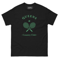 Queens Country Club T-shirt with green graphic of crossed tennis rackets and ball. Vintage-inspired tennis streetwear celebrating Queens, NYC sports…