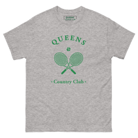 Queens Country Club T-shirt with green graphic of crossed tennis rackets and ball. Vintage-inspired tennis streetwear celebrating Queens, NYC sports…