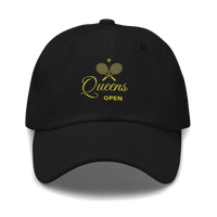 dad hat with 'Queens Open' text and a tennis racket emblem embroidered on the front. | Queens Country Club
