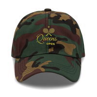 dad hat with 'Queens Open' text and a tennis racket emblem embroidered on the front. | Queens Country Club