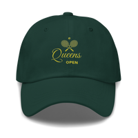 dad hat with 'Queens Open' text and a tennis racket emblem embroidered on the front. | Queens Country Club