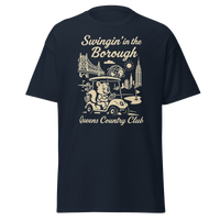 Queens Country Club T-shirt featuring vintage-style golf squirrel mascot driving a golf cart with NYC skyline, Unisphere, and Queensboro Bridge in…