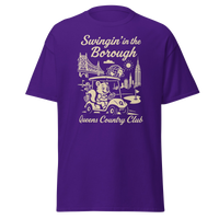 Queens Country Club T-shirt featuring vintage-style golf squirrel mascot driving a golf cart with NYC skyline, Unisphere, and Queensboro Bridge in…