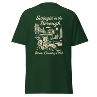 Queens Country Club T-shirt featuring vintage-style golf squirrel mascot driving a golf cart with NYC skyline, Unisphere, and Queensboro Bridge in…