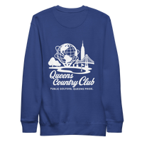 Blue sweatshirt with white graphic and text Queens Unisphere Golf Sweatshirt | Queens Country Club
