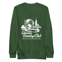 Green sweatshirt with white graphic and text Queens Unisphere Golf Sweatshirt | Queens Country Club