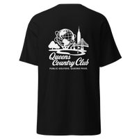Black t-shirt with white graphic and text | Queens Country Club