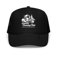 Black trucker cap with 'Queens Country Club' logo , Queens Unisphere Golf Foam trucker hat