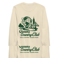 Beige sweatshirt with green graphic and text Queens Unisphere Golf Sweatshirt | Queens Country Club