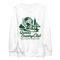 White sweatshirt with green 'Queens Country Club' logo on a white Unisphere Golf Sweatshirt