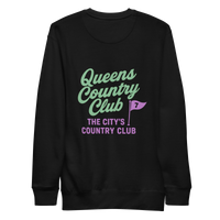 Queens Country Club sweatshirt with front left chest flag logo and large back graphic reading “Queens Country Club – The City’s Country Club