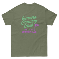 Green t-shirt with 'Queens Country Club' text and a pink flag graphic