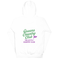White hoodie with 'Queens Country Club' text and logo