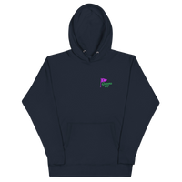 Navy hoodie with QCC chest flag and bold back graphic. “The City’s Country Club” slogan repping NYC golf pride and everyday borough lifestyle | Queens…