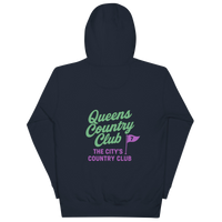 Navy hoodie with Queens Country Club flag logo on front and large back design featuring “Queens Country Club” text and 7-flag with “The City’s Country Club