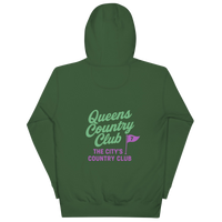 Green hoodie with Queens Country Club flag logo on front and large back design featuring “Queens Country Club” text and 7-flag with “The City’s Country…