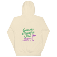 Beige hoodie with 'Queens Country Club' text and logo