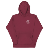 Queens Unisphere Golf Ball Tee Hoodie Maroon Front | Queens Country Club