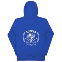 Queens Unisphere Golf Ball Tee Hoodie Royal Blue Back | Queens Country Club
