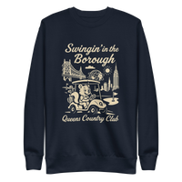 Queens Country Club sweatshirt with cream graphic showing a squirrel driving a golf cart, Queensboro Bridge, Unisphere, and NYC skyline; text reads…