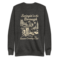 Queens Country Club sweatshirt with cream graphic showing a squirrel driving a golf cart, Queensboro Bridge, Unisphere, and NYC skyline; text reads…
