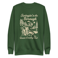 Queens Country Club sweatshirt with cream graphic showing a squirrel driving a golf cart, Queensboro Bridge, Unisphere, and NYC skyline; text reads…