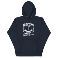 Navy Queens Country Club QGTM hoodie featuring white Queens Get The Green graphic with golf flag and laurel wreath design.