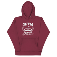 Maroon Queens Country Club QGTM hoodie featuring white Queens Get The Green graphic with golf flag and laurel wreath design.