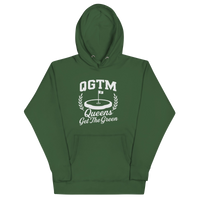 Green Queens Country Club QGTM hoodie featuring white Queens Get The Green graphic with golf flag and laurel wreath design