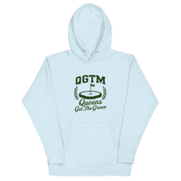Sky Blue Queens Country Club QGTM hoodie featuring white Queens Get The Green graphic with golf flag and laurel wreath design