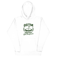 White Queens Country Club QGTM hoodie featuring white Queens Get The Green graphic with golf flag and laurel wreath design