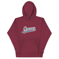 Maroon Queens Country Club hoodie featuring vintage script Queens logo on chest.