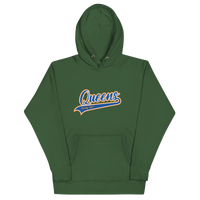 Green Queens Country Club hoodie featuring vintage script Queens logo on chest.