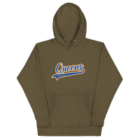 Military Green Queens Country Club hoodie featuring vintage script Queens logo on chest.