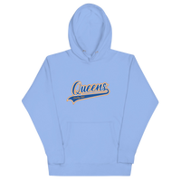 Carolina Blue Queens Country Club hoodie featuring vintage script Queens logo on chest.