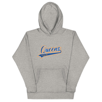 Carbon Grey Queens Country Club hoodie featuring vintage script Queens logo on chest.
