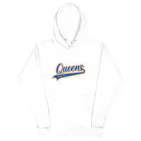 White Queens Country Club hoodie featuring vintage script Queens logo on chest.